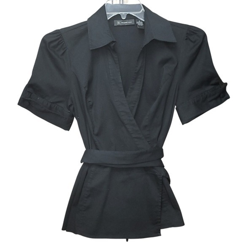 INC Black Wrap Short Sleeve Tie Waist‎ Shirt Top 10 Minimalist Office Workwear - Picture 4 of 11